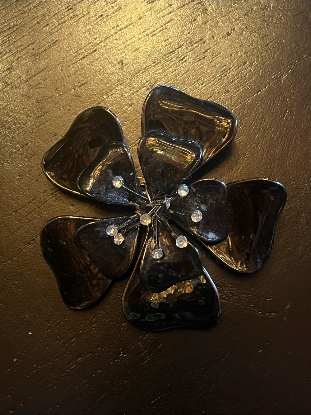 Vintage Black Enamel Flower Brooch with rhinestones